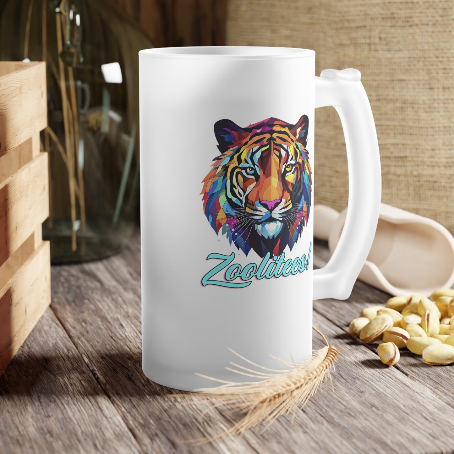 Lion Art Deco Frosted Glass Beer Mug